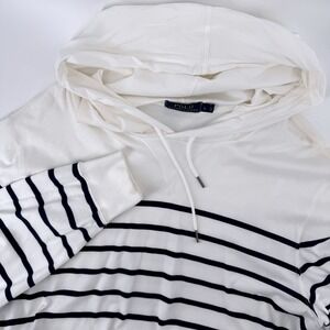 Polo Ralph Lauren Mens Large Striped Hooded Long Sleeve Shirt White Navy Blue